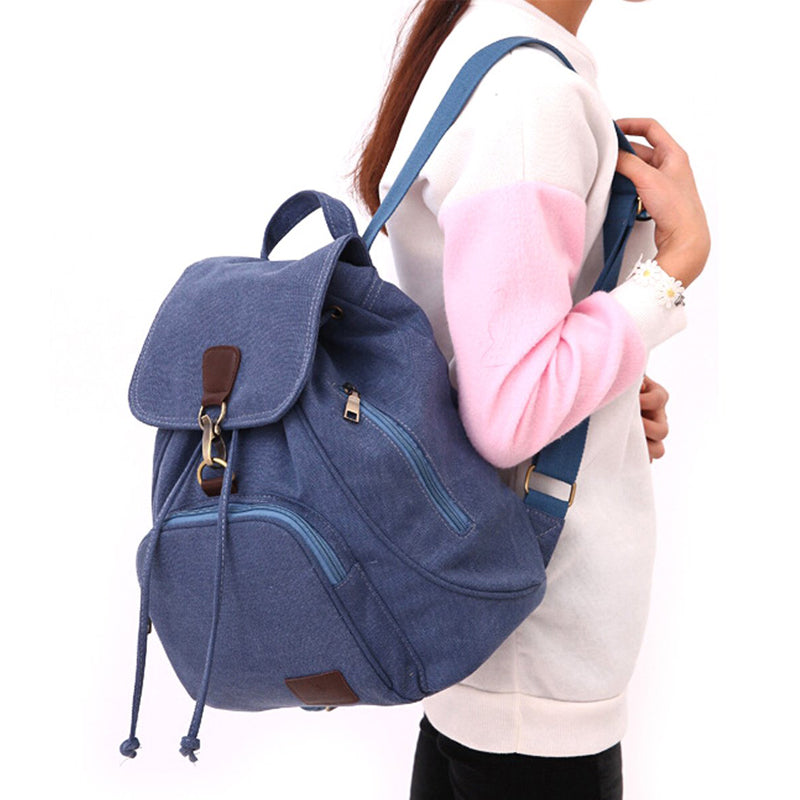 Canvas Backpack Drawstring School Bookbag Hiking Rucksack