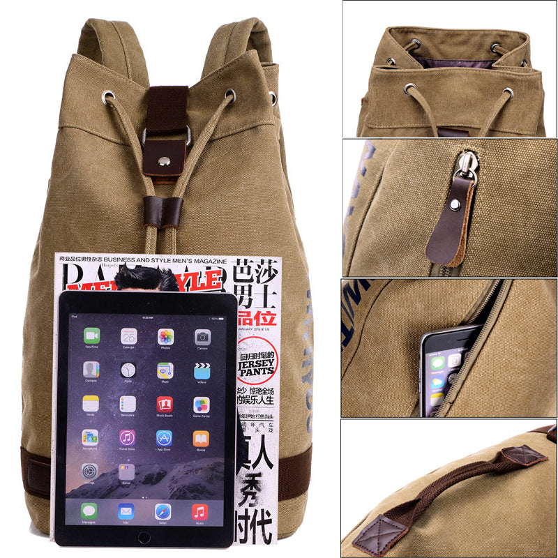 Large Canvas Backpack Drawstring Bucket Bag Outdoor Bookbag