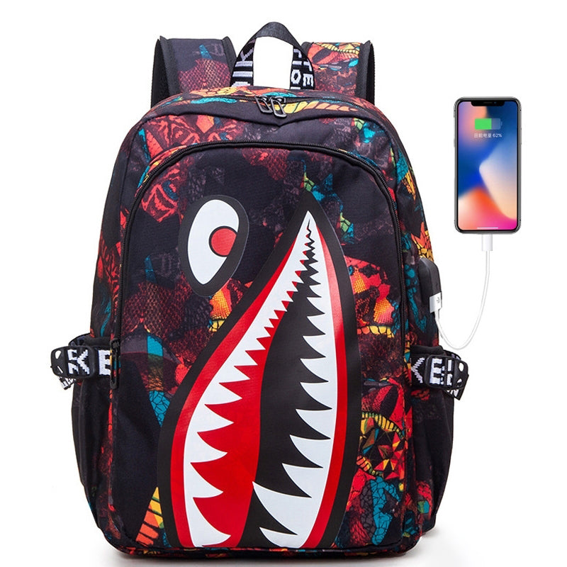 Kids USB Unique Shark Teeth School Backpacks Black Blue Red Book Bag