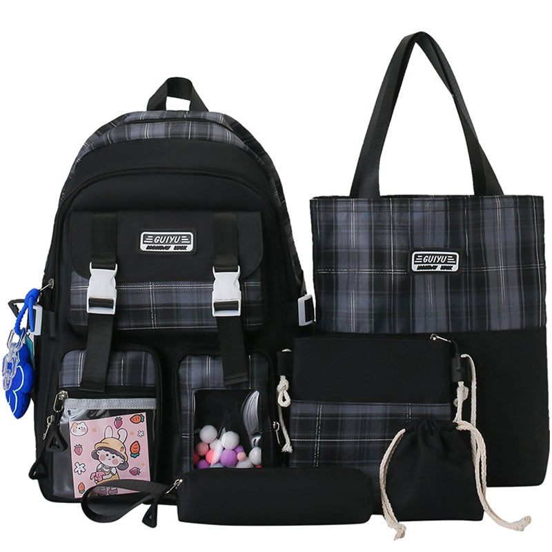 Kids Backpack With Lunch Box School Backpacks - Black Blue Pink Book Bags For Girls 5pcs Bag Set Functional Backpack Shoulder Bag Square Bag Plaid Letter BookBag