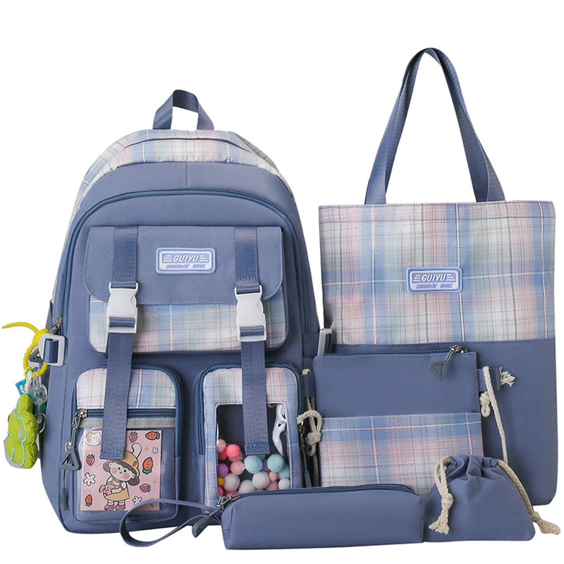 Kids Backpack With Lunch Box School Backpacks - Black Blue Pink Book Bags For Girls 5pcs Bag Set Functional Backpack Shoulder Bag Square Bag Plaid Letter BookBag