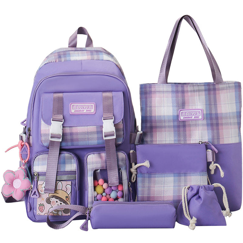 Kids Backpack With Lunch Box School Backpacks - Black Blue Pink Book Bags For Girls 5pcs Bag Set Functional Backpack Shoulder Bag Square Bag Plaid Letter BookBag