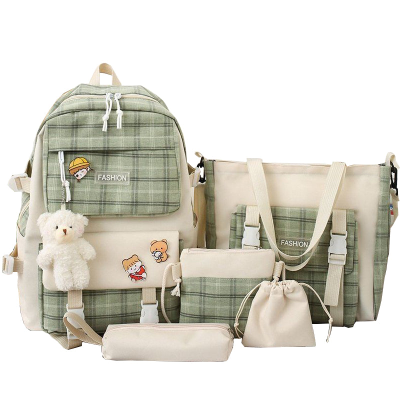 Kids Backpack With Lunch Box School Backpacks - Green Grey Khaki Book Bags For Girls 5Pcs Combo Set Plaid Laptop Schoolbag Kit BookBag