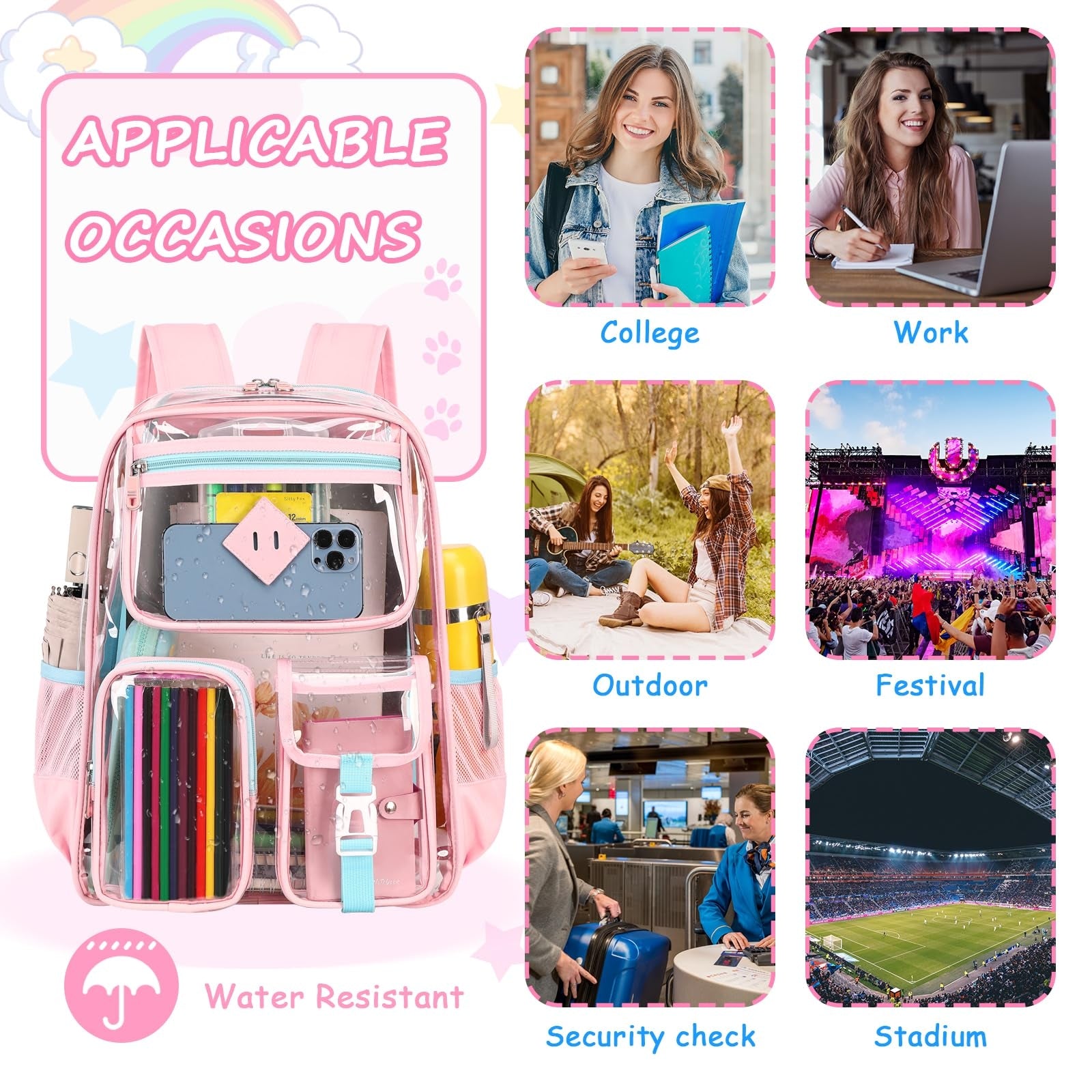 Kids Clear School Backpacks -Black Pink Blue Book Bags For Boys Girls Lightweight DurableTransparent Backpack