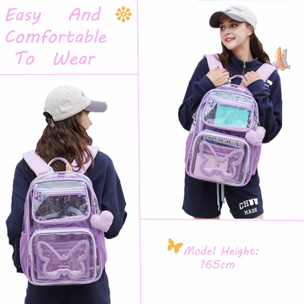 Kids Clear School Backpacks - Purple Book Bags For Girls Transparent Heavy Duty TPU BookBag