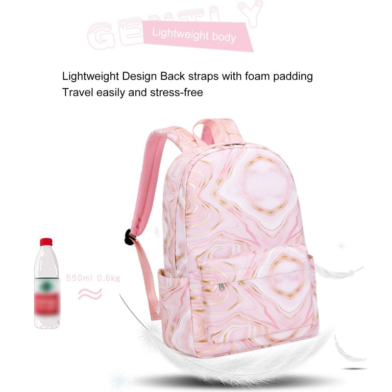 Kids Backpack With Lunch Box Floral School Backpacks - Pink Black White Book Bags For Boys Girls Nylon Set 3 Pieces Marble Prints Daypack Cool