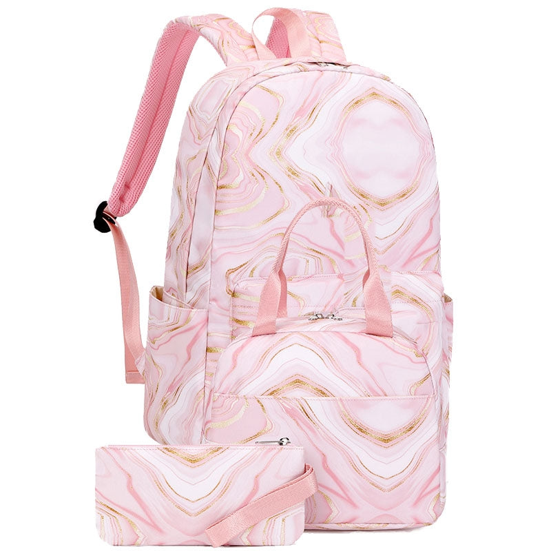 Kids Backpack With Lunch Box Floral School Backpacks - Pink Black White Book Bags For Boys Girls Nylon Set 3 Pieces Marble Prints Daypack Cool