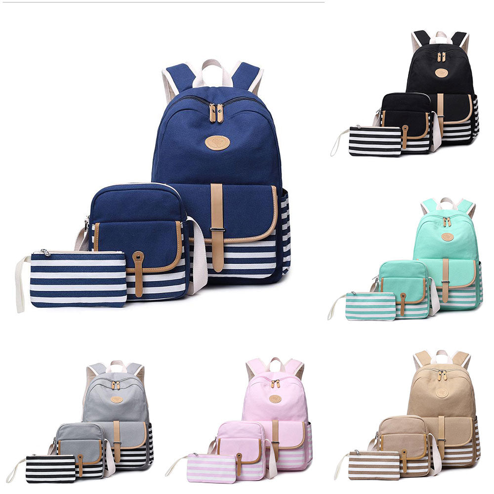 Hiqh Quality Bookbag for School Korean Style Stripe Simple Canvas Backpack Set with Crossbody Bag Pencil Case