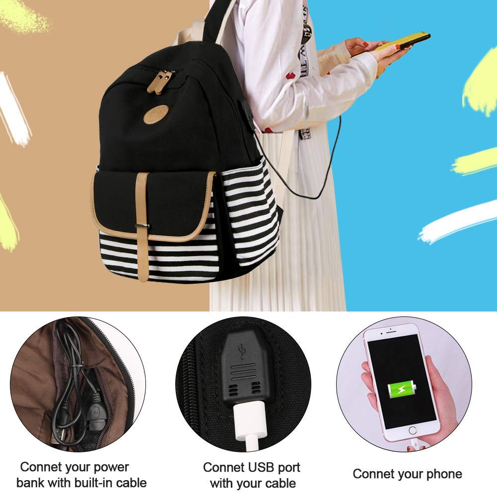 Hiqh Quality Bookbag for School Korean Style Stripe Simple Canvas Backpack Set with Crossbody Bag Pencil Case