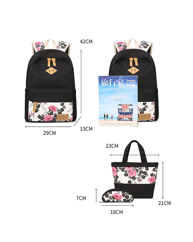 New Plain School Bag Floral Printed Multi-function Canvas Backpack Set