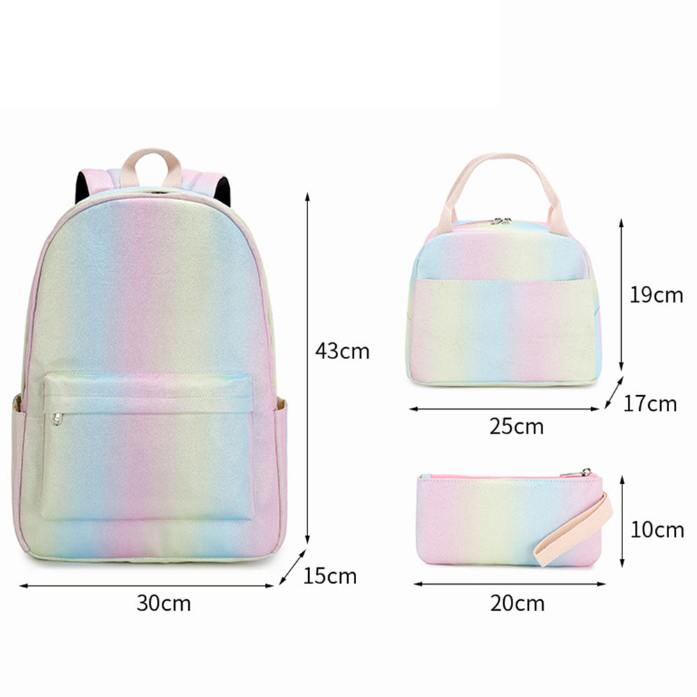 Large Capacity Rainbow School Backpack for Girls Chic 3 Pieces Waterproof Bookbag with Lunch Box Top Level