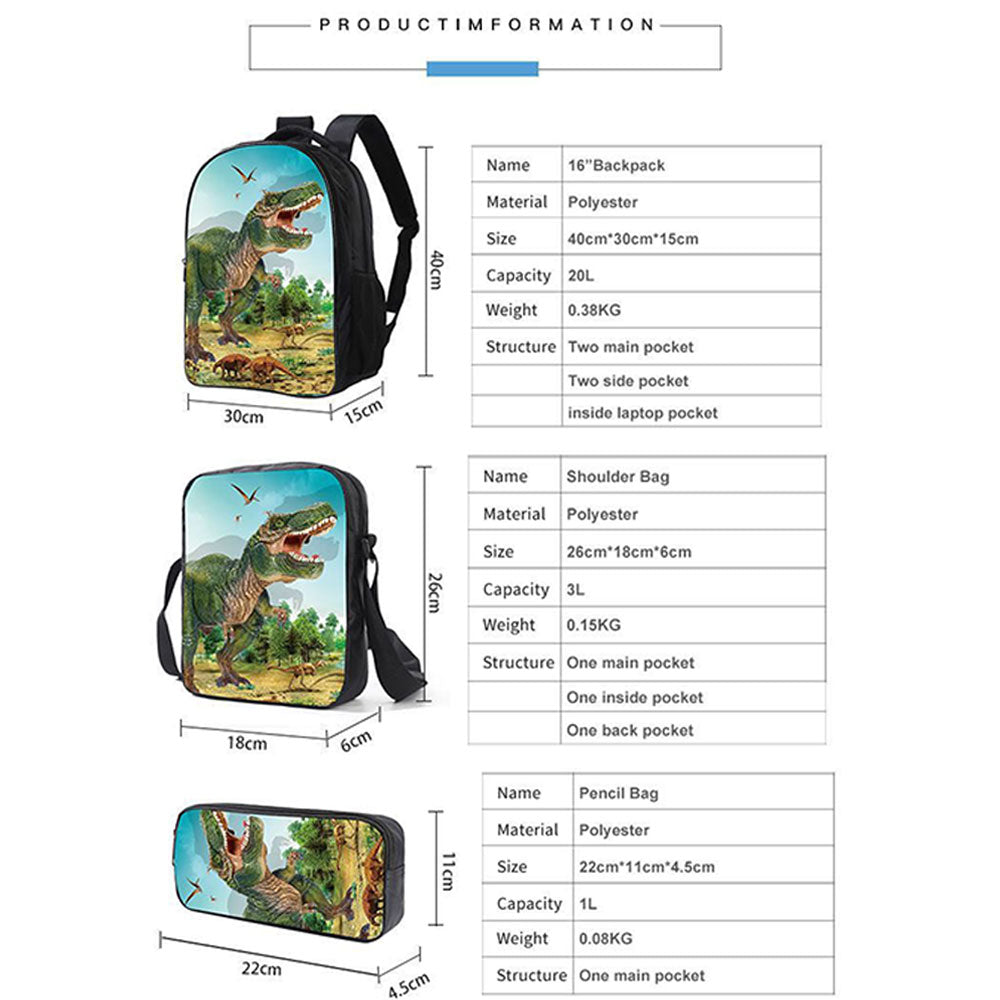 Cool Dinosaur Backpack Set for Elementary School Kids Chic Boys Durable Bookbag Shoulder Bag