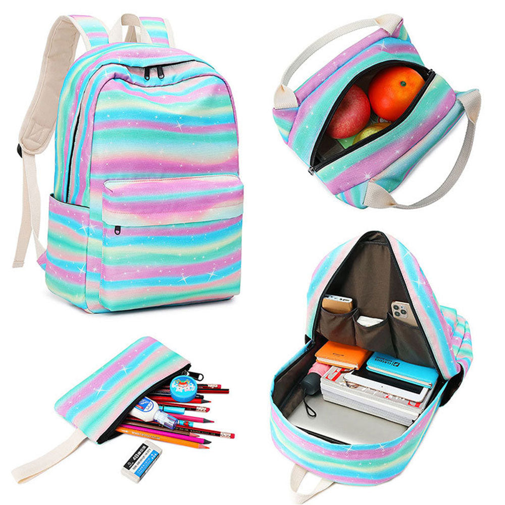 Rainbow Backpack Set for Girls Cute Printing School Bookbag with Lunch Box Pencil Case Top Level