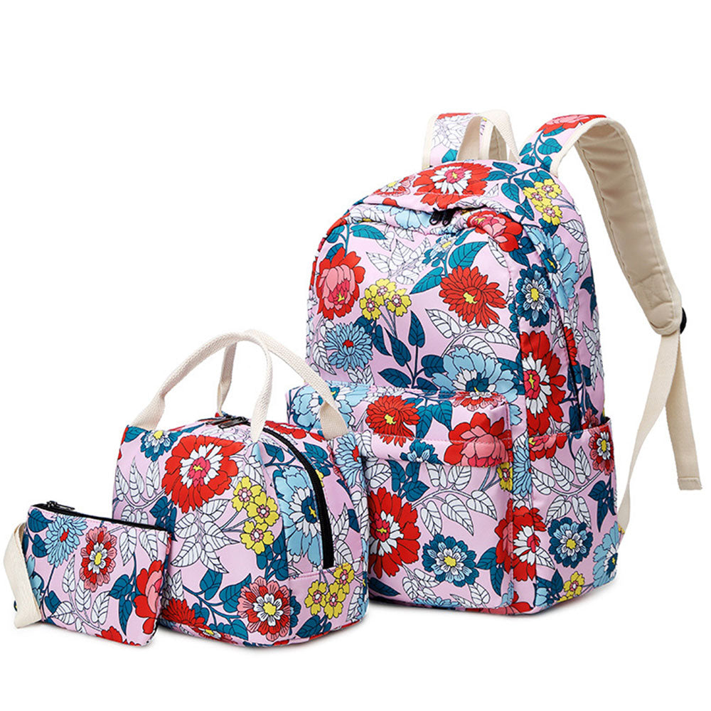 Nylon Backpack Set 3 Pieces Floral Backpack Schoolbag Girl Waterproof Travel Bag with Lunch Bag