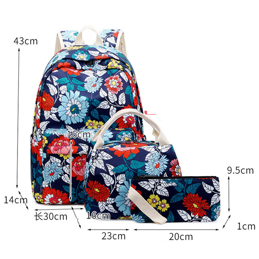 Nylon Backpack Set 3 Pieces Floral Backpack Schoolbag Girl Waterproof Travel Bag with Lunch Bag