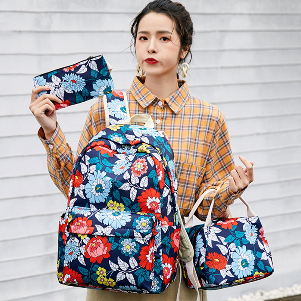 Nylon Backpack Set 3 Pieces Floral Backpack Schoolbag Girl Waterproof Travel Bag with Lunch Bag