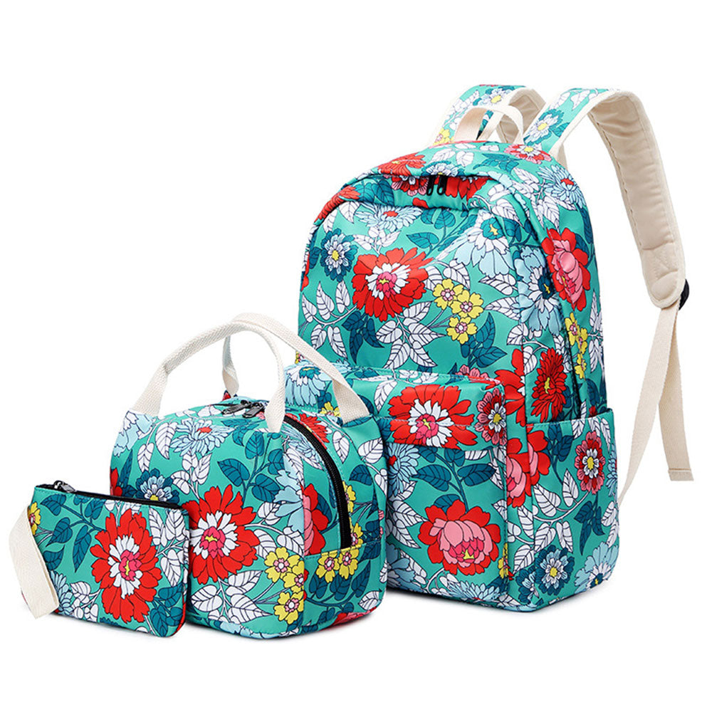 Nylon Backpack Set 3 Pieces Floral Backpack Schoolbag Girl Waterproof Travel Bag with Lunch Bag