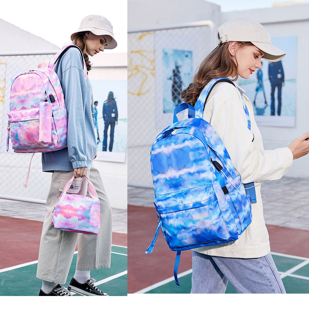 Fashion Printing Backpack with USB Charger Girls School Bookbag for Middle School High School Pink/Black/Blue