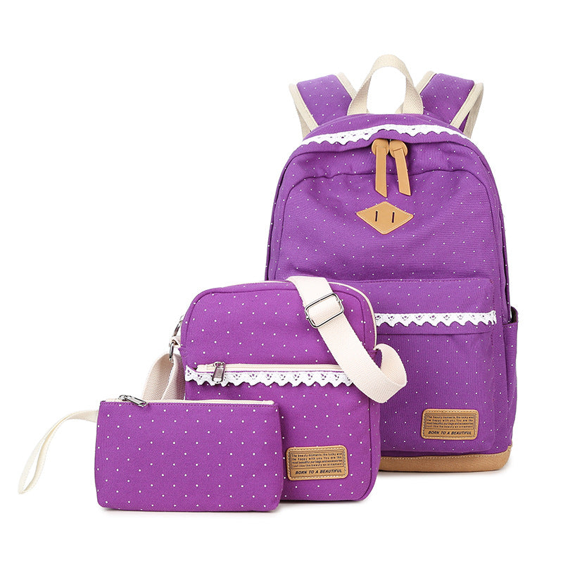 Cute Canvas Backpack for Girls Dots Printing Lightweight Schoolbag Shoulder Bag with Pencil Case