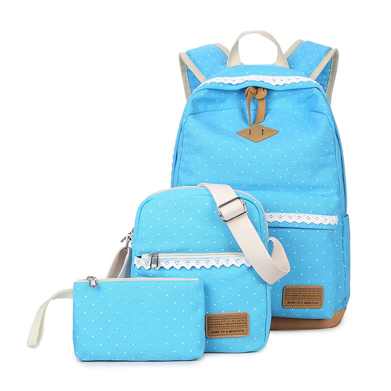 Cute Canvas Backpack for Girls Dots Printing Lightweight Schoolbag Shoulder Bag with Pencil Case