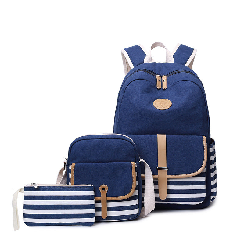 Hiqh Quality Bookbag for School Korean Style Stripe Simple Canvas Backpack Set with Crossbody Bag Pencil Case