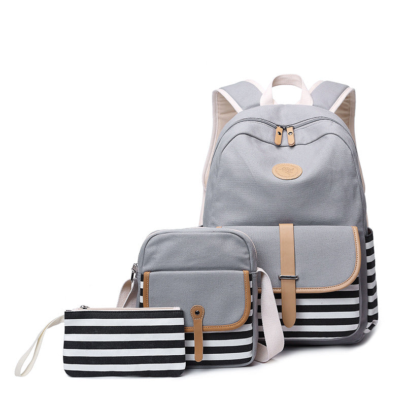 Hiqh Quality Bookbag for School Korean Style Stripe Simple Canvas Backpack Set with Crossbody Bag Pencil Case