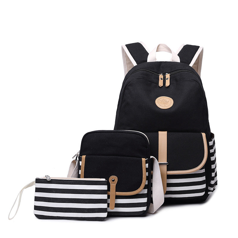 Hiqh Quality Bookbag for School Korean Style Stripe Simple Canvas Backpack Set with Crossbody Bag Pencil Case