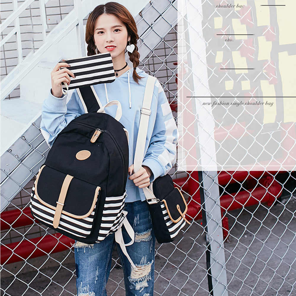 Hiqh Quality Bookbag for School Korean Style Stripe Simple Canvas Backpack Set with Crossbody Bag Pencil Case