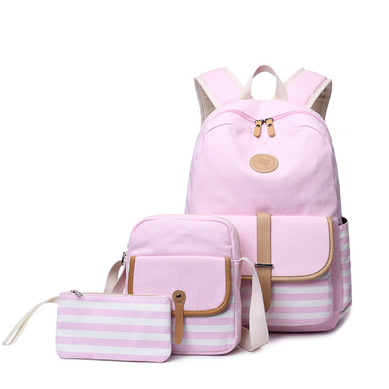 Hiqh Quality Bookbag for School Korean Style Stripe Simple Canvas Backpack Set with Crossbody Bag Pencil Case