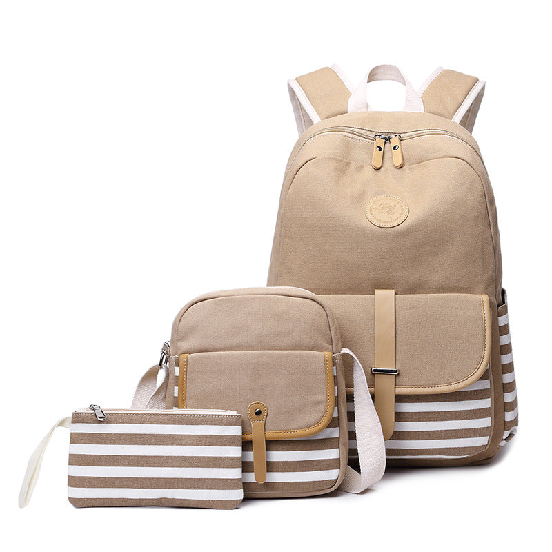 Hiqh Quality Bookbag for School Korean Style Stripe Simple Canvas Backpack Set with Crossbody Bag Pencil Case