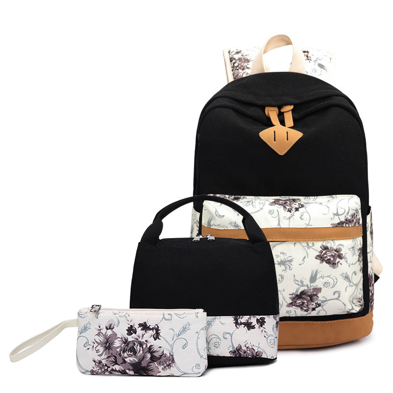 Girls Backpack For School Teens Floral Backpack Sets Canvas College Bookbag with Lunch Bag Pencil Case