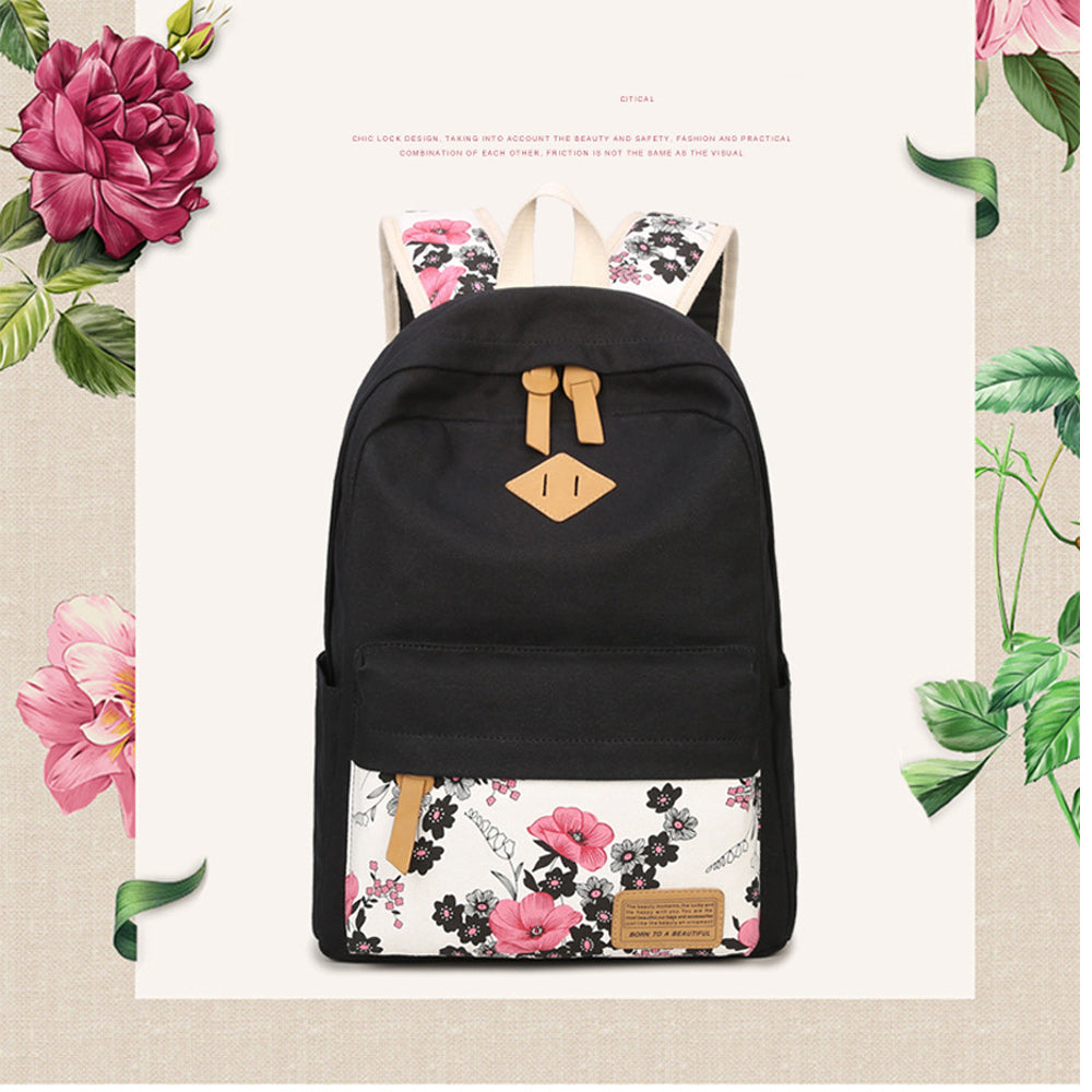 New Plain School Bag Floral Printed Multi-function Canvas Backpack Set