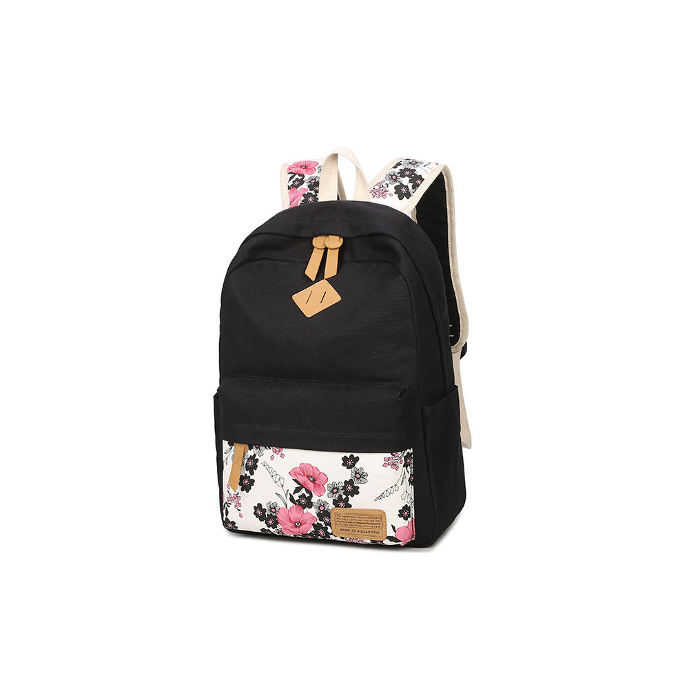 New Plain School Bag Floral Printed Multi-function Canvas Backpack Set