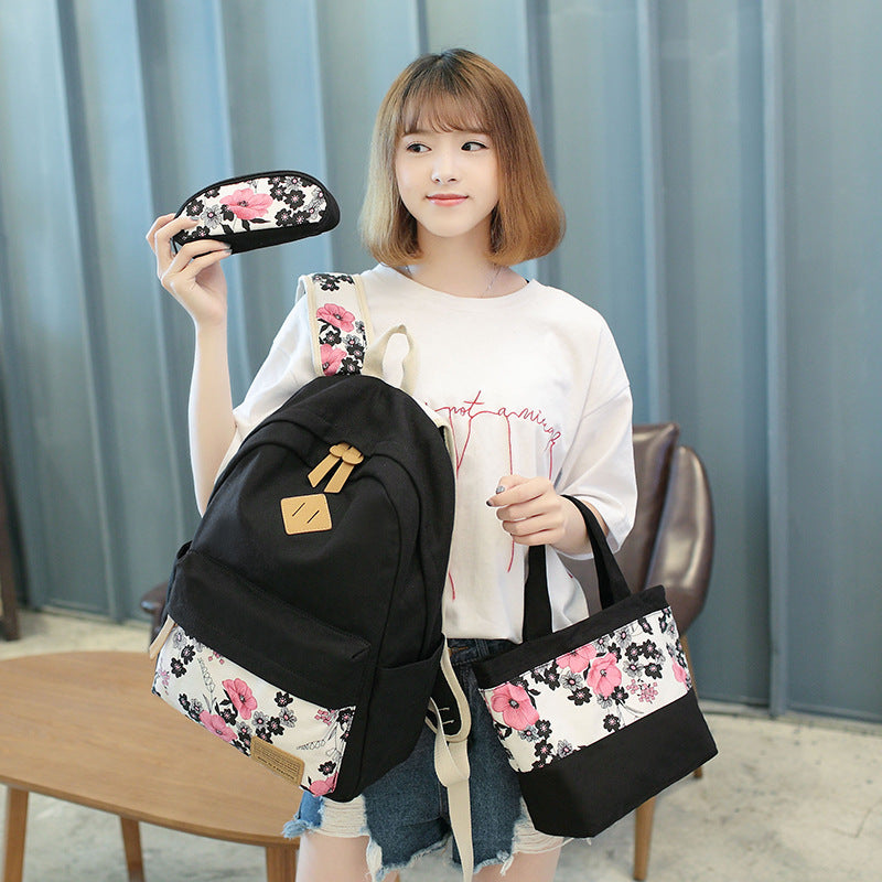 New Plain School Bag Floral Printed Multi-function Canvas Backpack Set