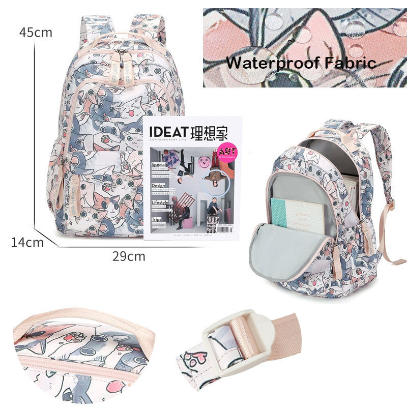 Cartoon Cat Pattern Backpack Girls Student Anti-theft Schoolbag