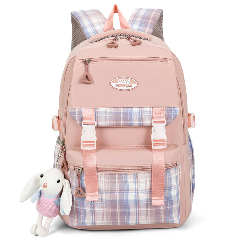 Stitching Contrast Color Girl's Backpack Checkered Design Laptop Schoolbag