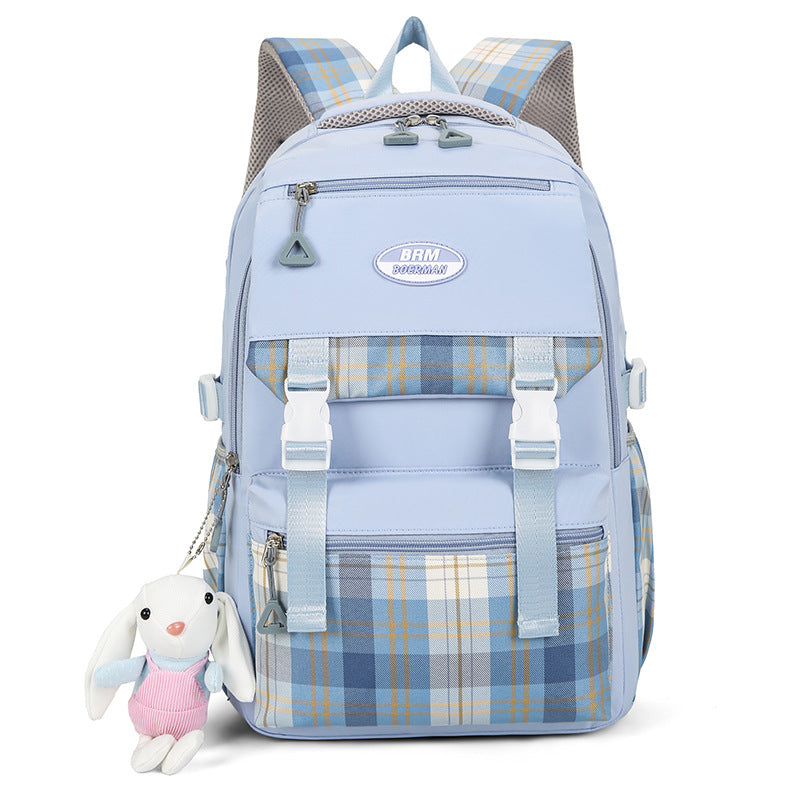 Stitching Contrast Color Girl's Backpack Checkered Design Laptop Schoolbag