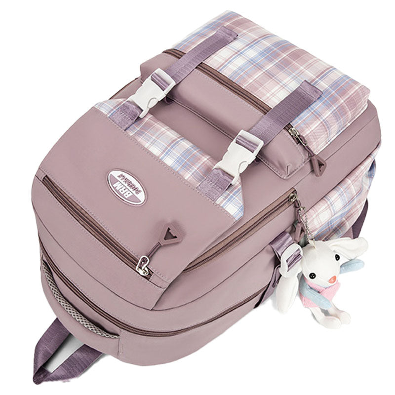 Stitching Contrast Color Girl's Backpack Checkered Design Laptop Schoolbag