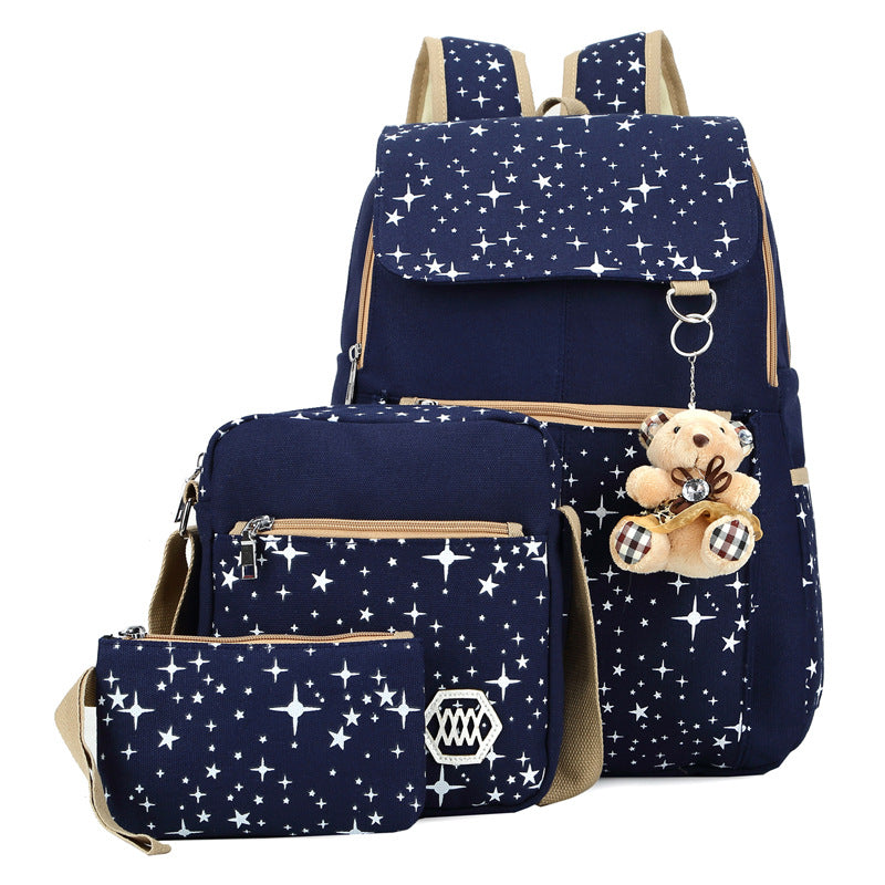 Star Printing Backpack Set Canvas Handbag Book Bag For School Travel