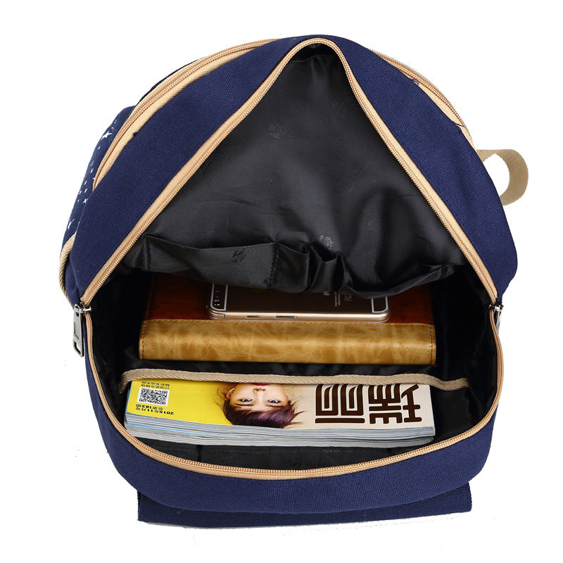 Star Printing Backpack Set Canvas Handbag Book Bag For School Travel