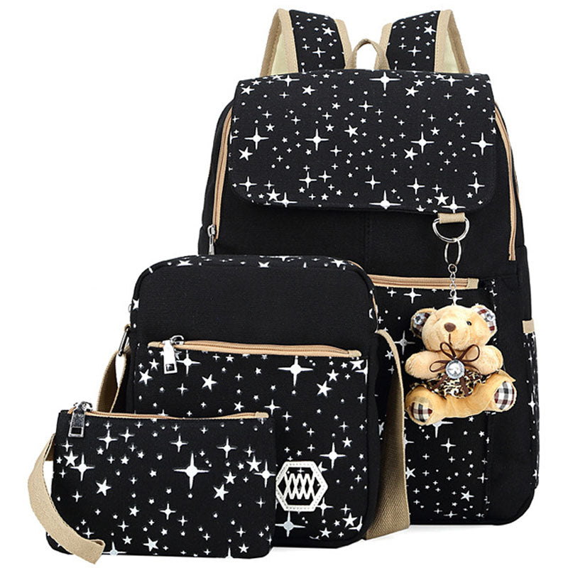 Star Printing Backpack Set Canvas Handbag Book Bag For School Travel