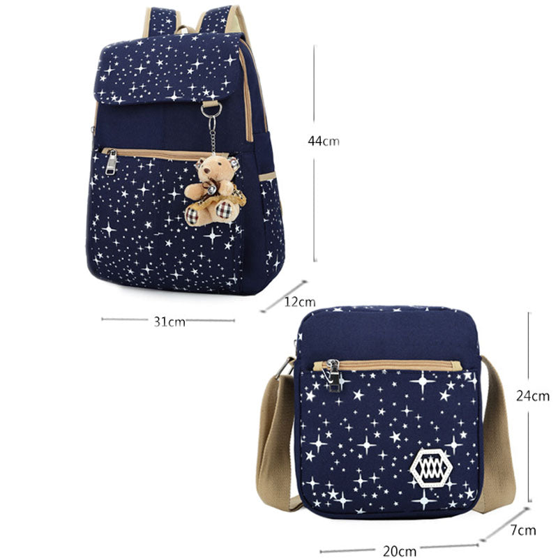 Star Printing Backpack Set Canvas Handbag Book Bag For School Travel