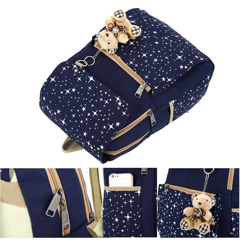 Star Printing Backpack Set Canvas Handbag Book Bag For School Travel