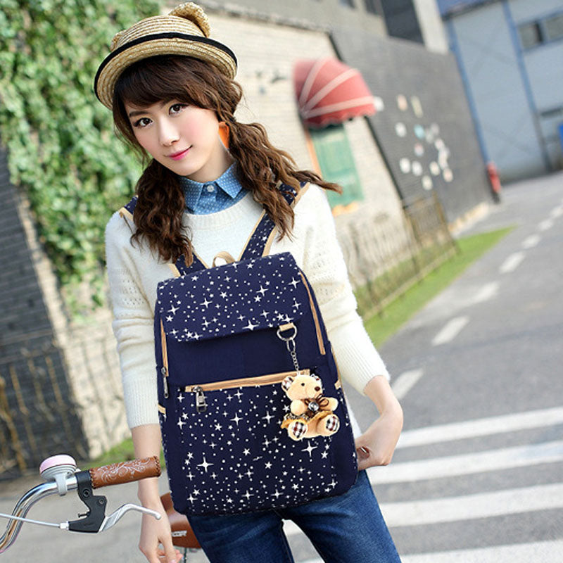 Star Printing Backpack Set Canvas Handbag Book Bag For School Travel