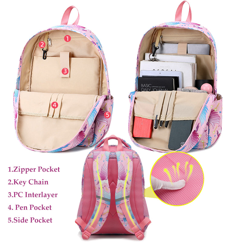 Girls' Unicorn Backpack Set for Primary /Middle School Girls Bookbag with Lunch Bag Pencil Case